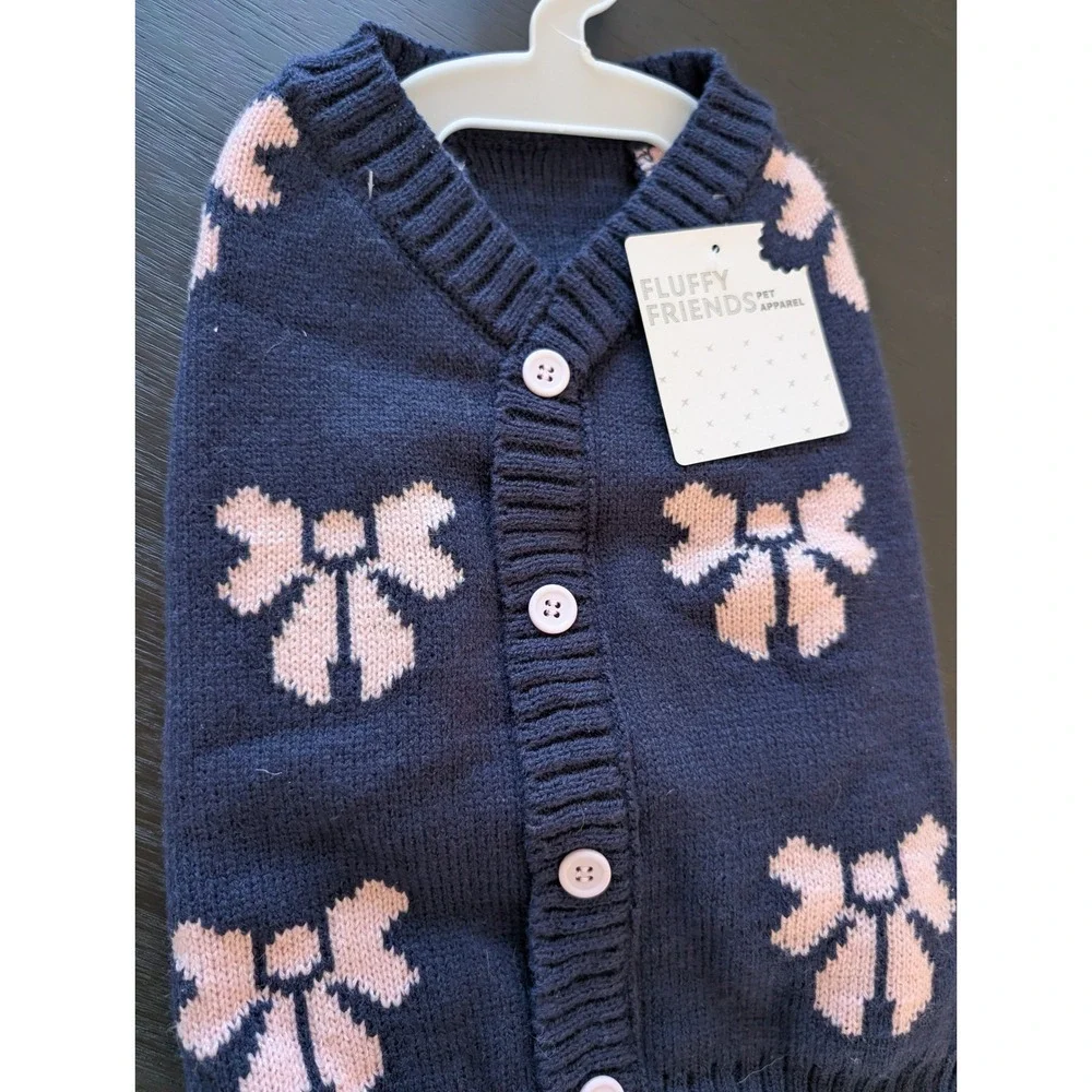 Fluffy Friends Dog Pet Cardigan Sweater Navy Blue Pink‎ Bow Knit Sz M Coquette